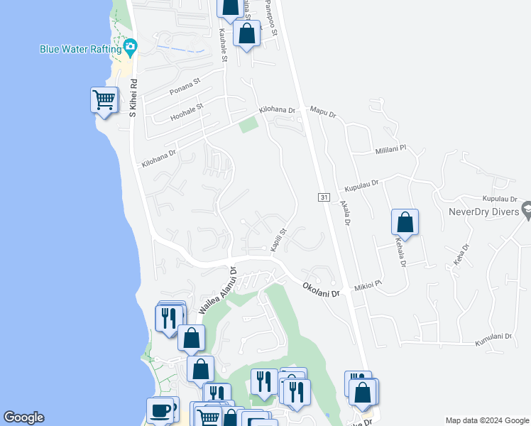 map of restaurants, bars, coffee shops, grocery stores, and more near 3142 Kikihi Street in Kihei
