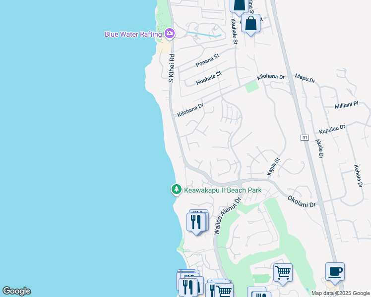 map of restaurants, bars, coffee shops, grocery stores, and more near 3144 Waakea Place in Kihei