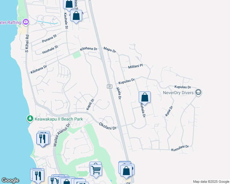 map of restaurants, bars, coffee shops, grocery stores, and more near 3254 Akala Drive in Kihei