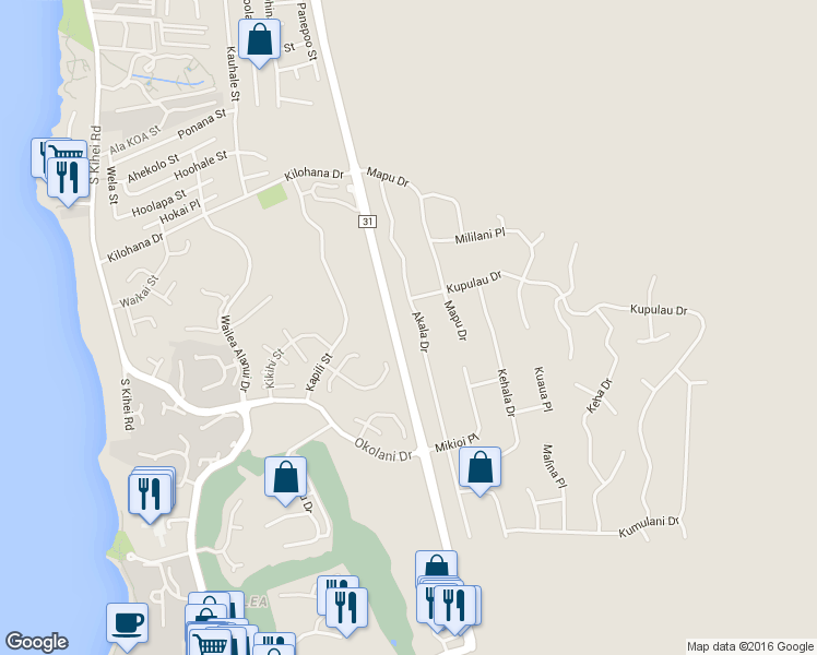 map of restaurants, bars, coffee shops, grocery stores, and more near 3254 Akala Drive in Kihei