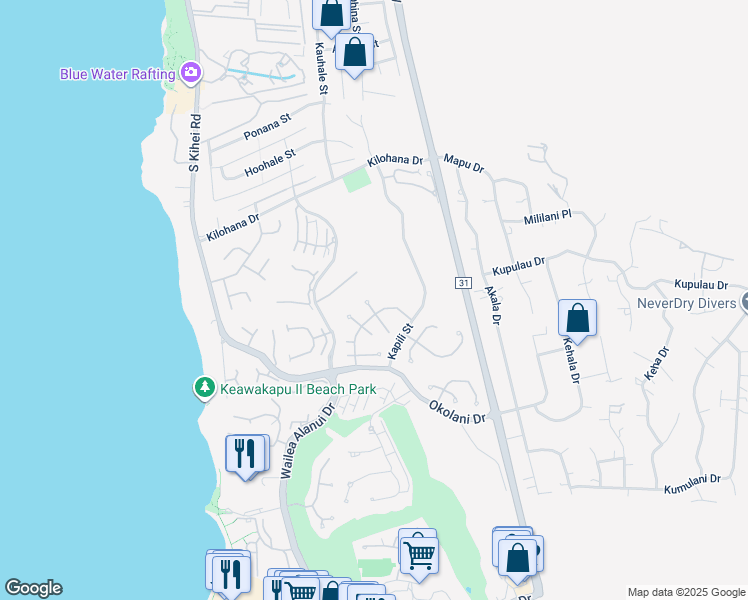 map of restaurants, bars, coffee shops, grocery stores, and more near 171 West Ikea Kai Place in Kihei
