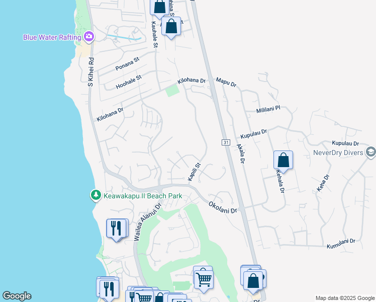 map of restaurants, bars, coffee shops, grocery stores, and more near 3140 Kikihi Street in Kihei
