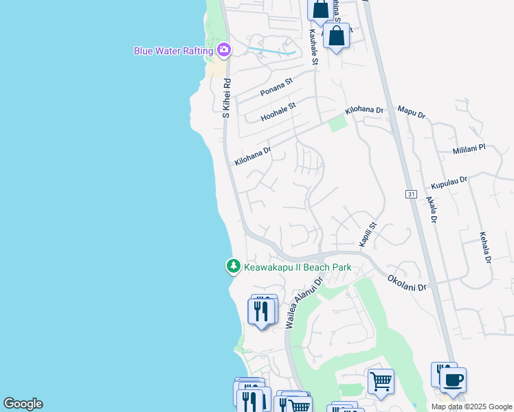 map of restaurants, bars, coffee shops, grocery stores, and more near 30 Hoawaa Way in Kihei
