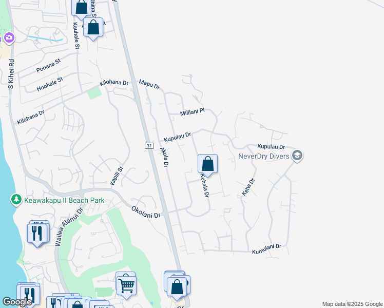 map of restaurants, bars, coffee shops, grocery stores, and more near 3270 Kehala Drive in Kihei