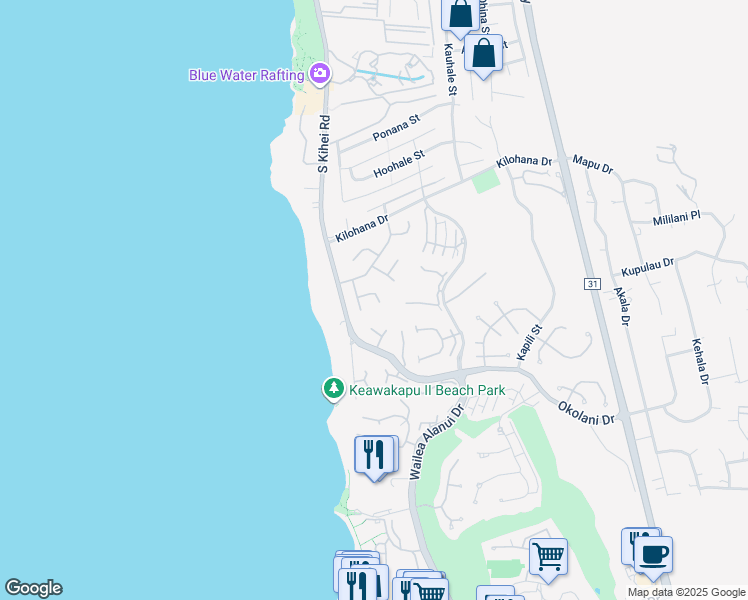 map of restaurants, bars, coffee shops, grocery stores, and more near 46 Hoawaa Way in Kihei