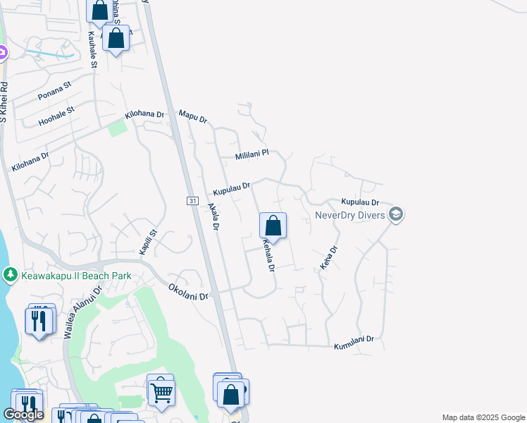 map of restaurants, bars, coffee shops, grocery stores, and more near 3275 Kehala Drive in Kihei