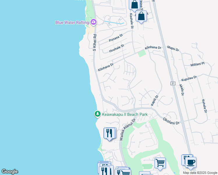 map of restaurants, bars, coffee shops, grocery stores, and more near 46 Hoawaa Way in Kihei