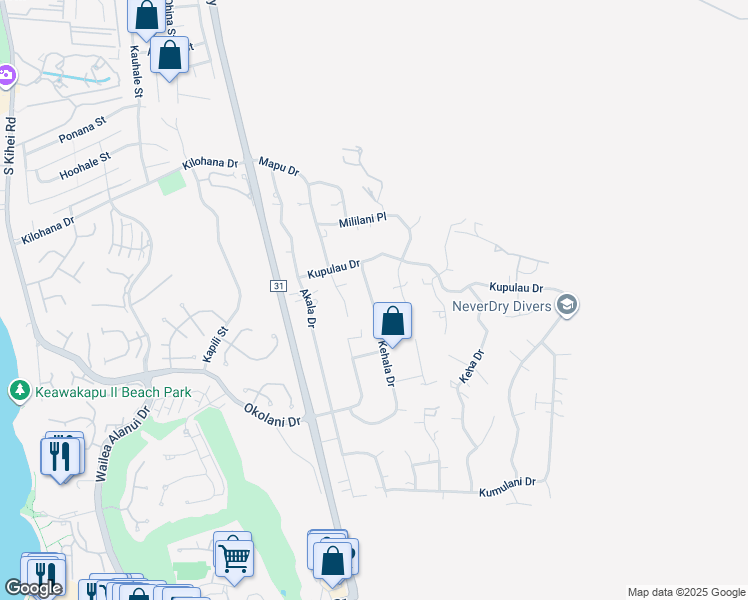 map of restaurants, bars, coffee shops, grocery stores, and more near 3275 Kehala Drive in Kihei