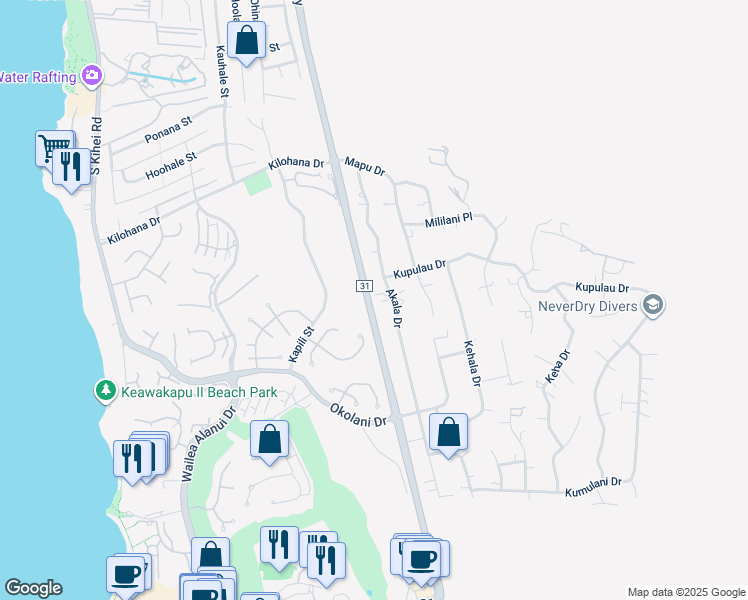 map of restaurants, bars, coffee shops, grocery stores, and more near 3248 Akala Drive in Kihei