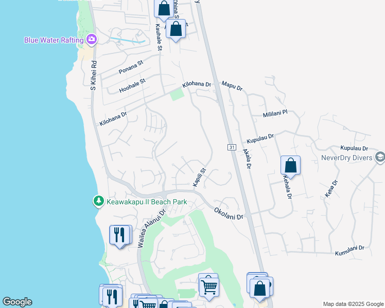 map of restaurants, bars, coffee shops, grocery stores, and more near 3140 Kikihi Street in Kihei