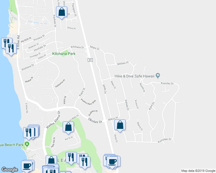 map of restaurants, bars, coffee shops, grocery stores, and more near 3259 Akala Drive in Kihei