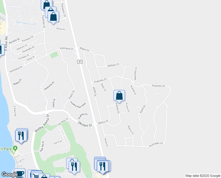 map of restaurants, bars, coffee shops, grocery stores, and more near 3270 Kehala Drive in Kihei