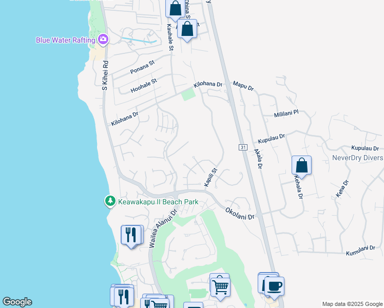 map of restaurants, bars, coffee shops, grocery stores, and more near 163 West Ikea Kai Place in Kihei