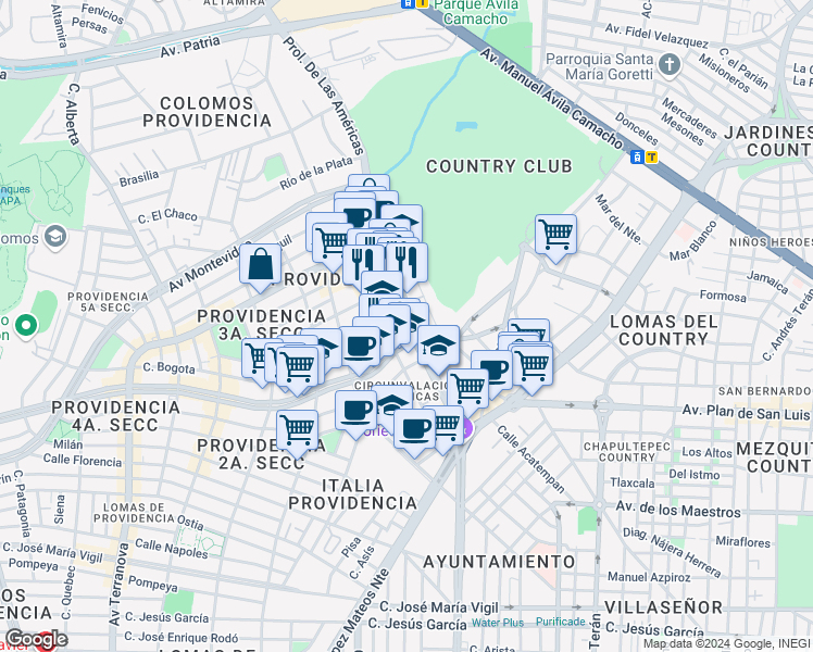 map of restaurants, bars, coffee shops, grocery stores, and more near 1413 Avenida de las Américas in Guadalajara