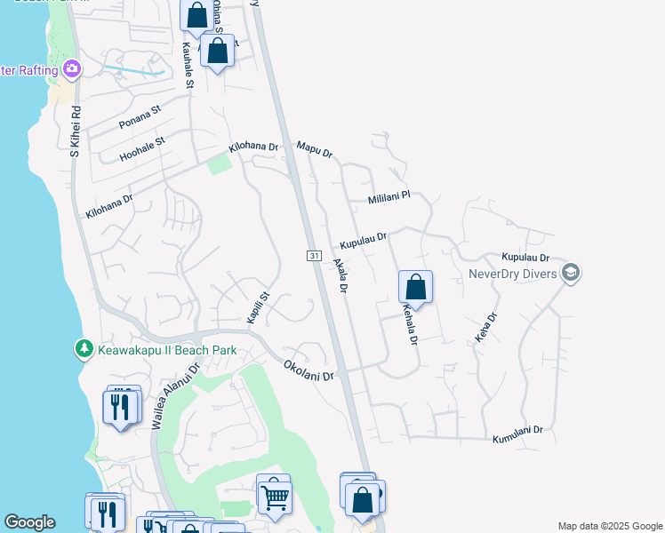 map of restaurants, bars, coffee shops, grocery stores, and more near 3248 Akala Drive in Kihei