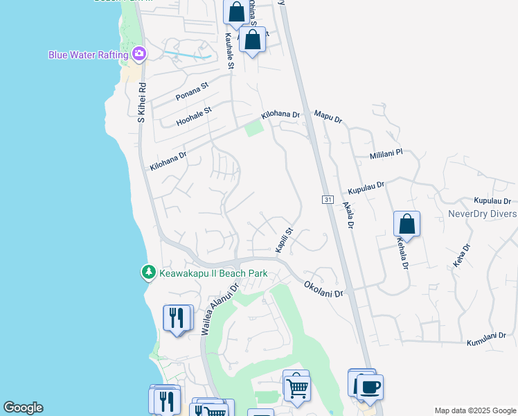 map of restaurants, bars, coffee shops, grocery stores, and more near 163 West Ikea Kai Place in Kihei