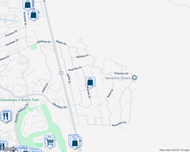 map of restaurants, bars, coffee shops, grocery stores, and more near 721 Mililani Place in Kihei