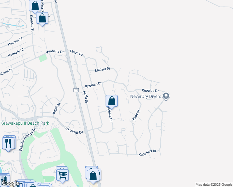 map of restaurants, bars, coffee shops, grocery stores, and more near 721 Mililani Place in Kihei