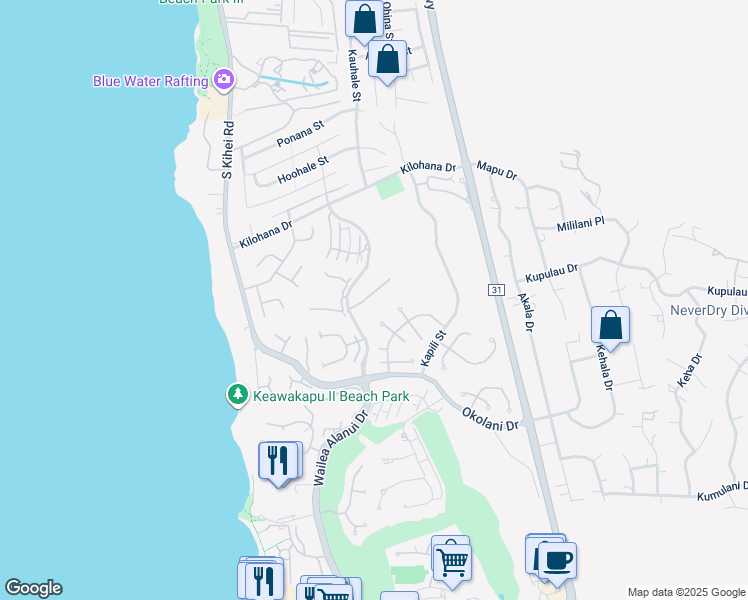 map of restaurants, bars, coffee shops, grocery stores, and more near 182 Heleuma Place in Kihei