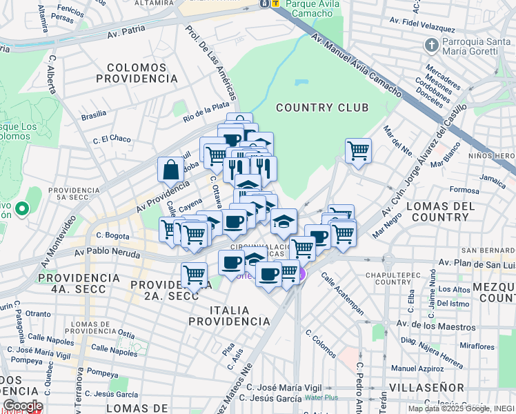 map of restaurants, bars, coffee shops, grocery stores, and more near 1421 Avenida de las Américas in Guadalajara