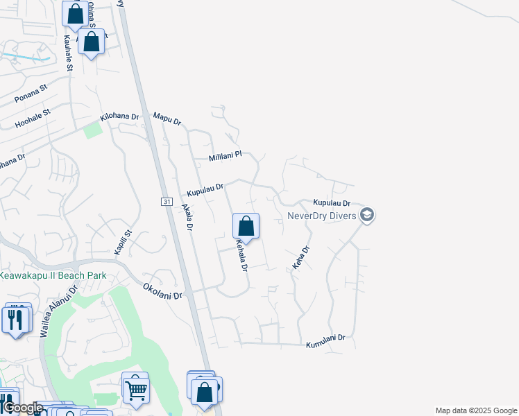 map of restaurants, bars, coffee shops, grocery stores, and more near 721 Mililani Place in Kihei