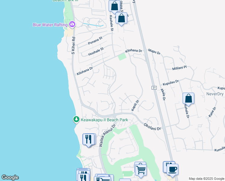 map of restaurants, bars, coffee shops, grocery stores, and more near 165 Heleuma Place in Kihei