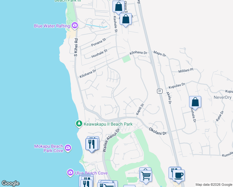 map of restaurants, bars, coffee shops, grocery stores, and more near 165 Heleuma Place in Kihei