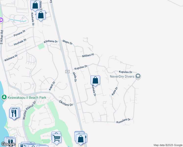 map of restaurants, bars, coffee shops, grocery stores, and more near 3265 Kehala Drive in Kihei