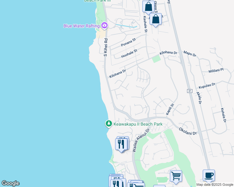 map of restaurants, bars, coffee shops, grocery stores, and more near 21 Hoawaa Way in Kihei