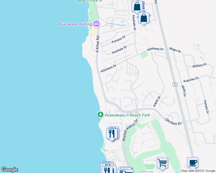 map of restaurants, bars, coffee shops, grocery stores, and more near 21 Hoawaa Way in Kihei