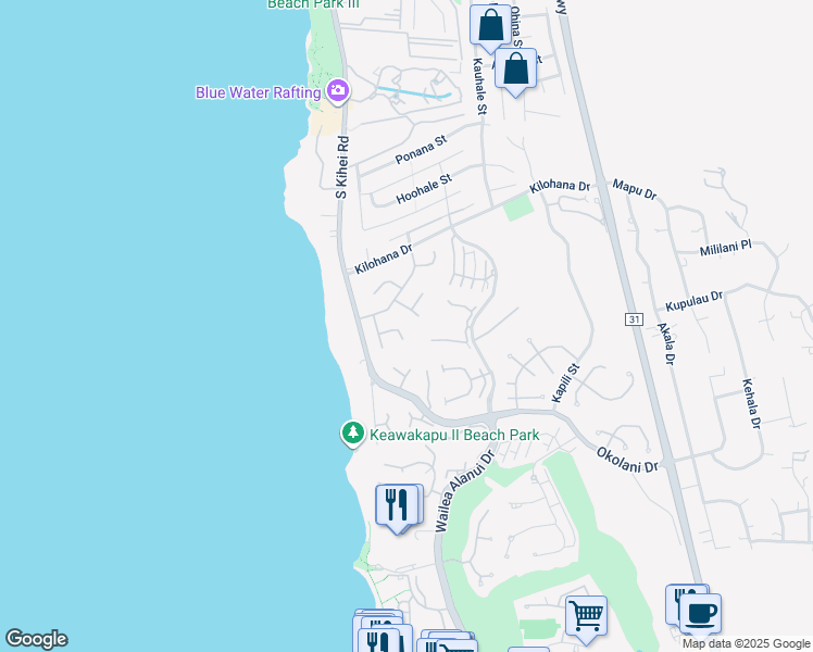 map of restaurants, bars, coffee shops, grocery stores, and more near 49 Hoawaa Way in Kihei