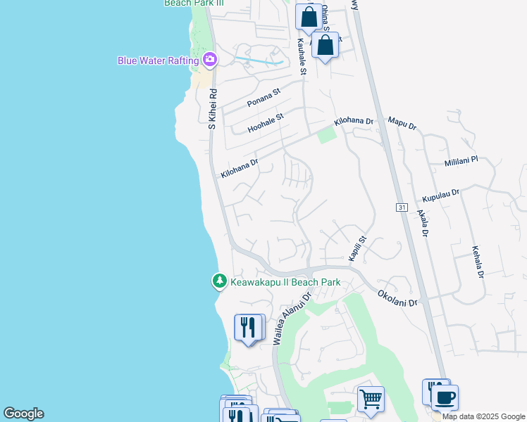 map of restaurants, bars, coffee shops, grocery stores, and more near 3150 Waiea Place in Kihei