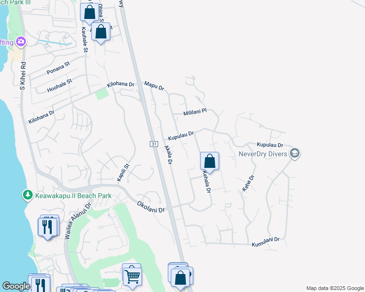 map of restaurants, bars, coffee shops, grocery stores, and more near 3306 Mapu Drive in Kihei