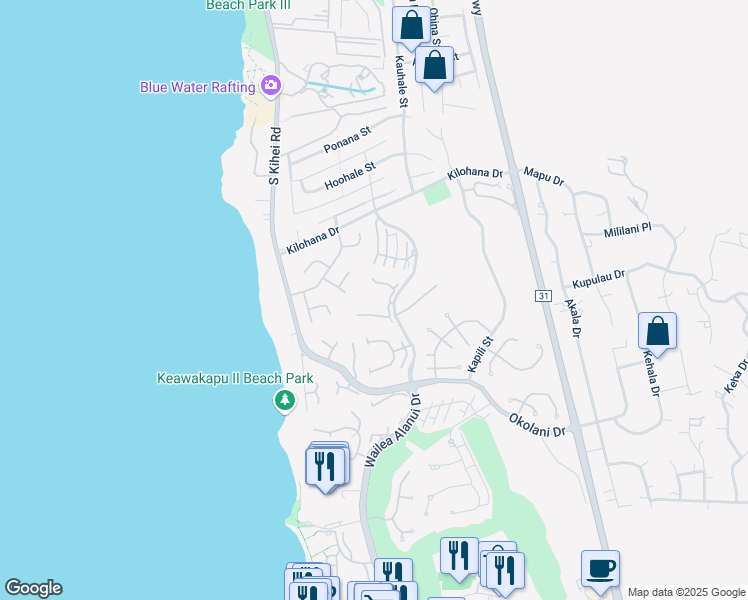 map of restaurants, bars, coffee shops, grocery stores, and more near 3150 Wailea Alanui Drive in Wailea-Makena