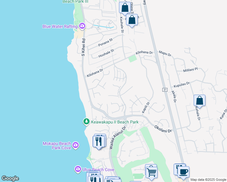 map of restaurants, bars, coffee shops, grocery stores, and more near 3150 Wailea Alanui Drive in Wailea-Makena