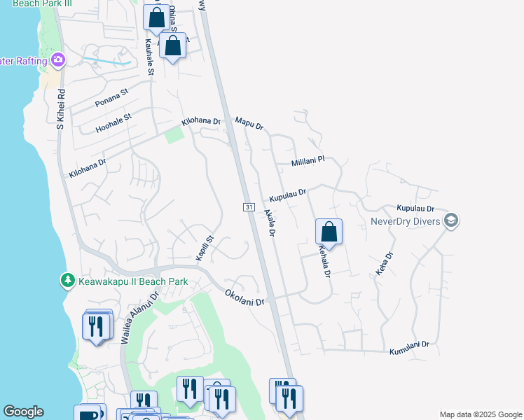 map of restaurants, bars, coffee shops, grocery stores, and more near 3244 Akala Drive in Kihei