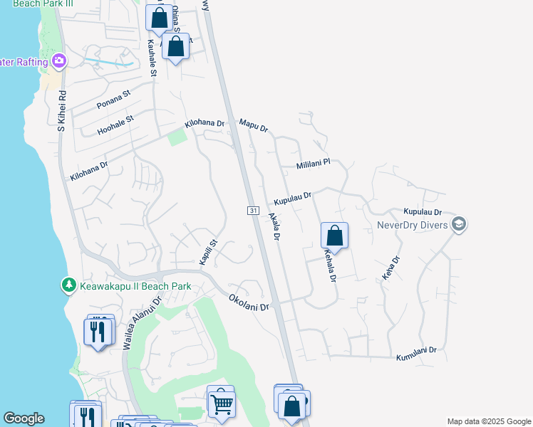 map of restaurants, bars, coffee shops, grocery stores, and more near 3244 Akala Drive in Kihei