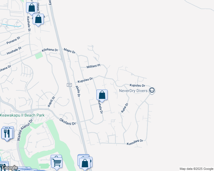 map of restaurants, bars, coffee shops, grocery stores, and more near 711 Mililani Place in Kihei