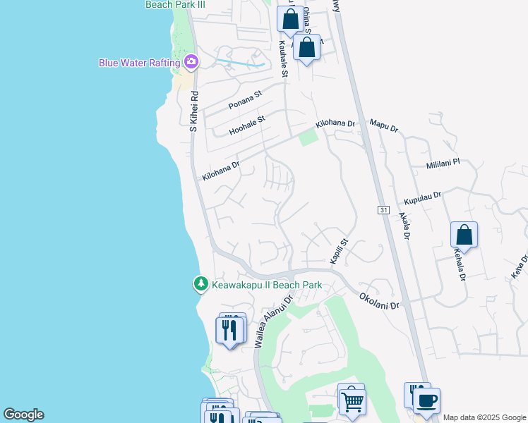 map of restaurants, bars, coffee shops, grocery stores, and more near 3150 Wailea Alanui Drive in Wailea-Makena