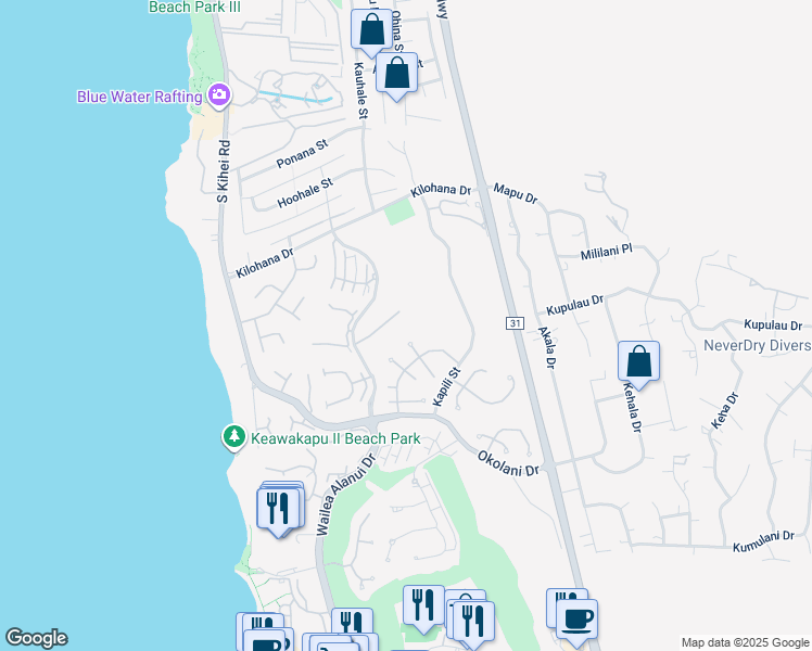 map of restaurants, bars, coffee shops, grocery stores, and more near 210 Heleuma Place in Kihei