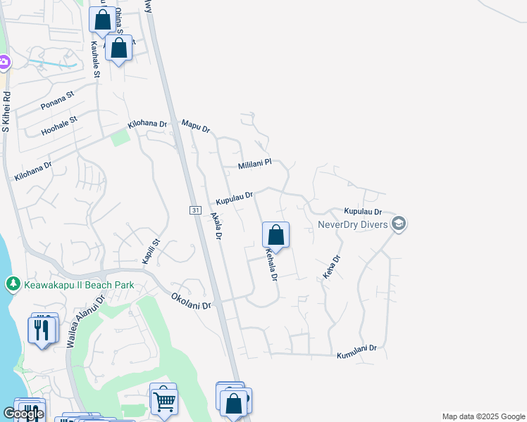 map of restaurants, bars, coffee shops, grocery stores, and more near 3255 Kehala Drive in Kihei