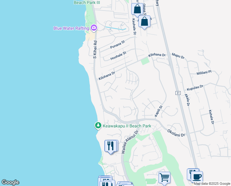 map of restaurants, bars, coffee shops, grocery stores, and more near 3142 Waiea Place in Kihei
