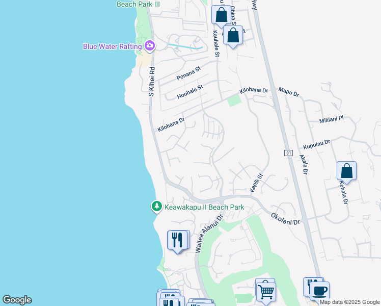 map of restaurants, bars, coffee shops, grocery stores, and more near 3149 Waiea Place in Kihei