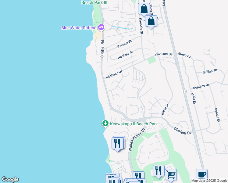 map of restaurants, bars, coffee shops, grocery stores, and more near 30 Waikai Street in Kihei