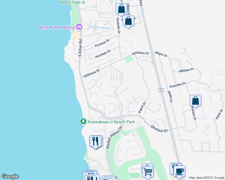 map of restaurants, bars, coffee shops, grocery stores, and more near 3150 Wailea Alanui Drive in Wailea-Makena