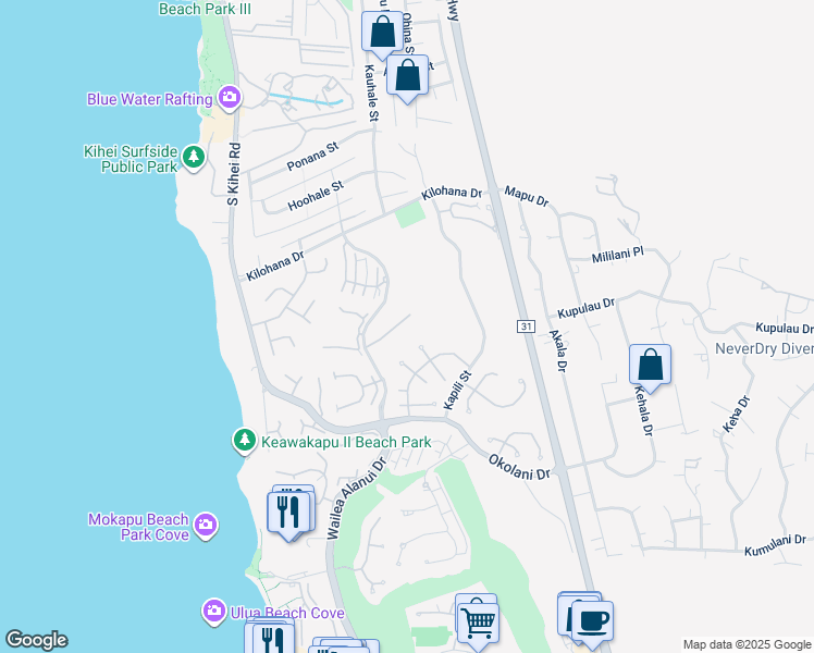 map of restaurants, bars, coffee shops, grocery stores, and more near 206 Heleuma Place in Kihei