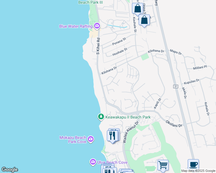 map of restaurants, bars, coffee shops, grocery stores, and more near 22 Waikai Street in Kihei