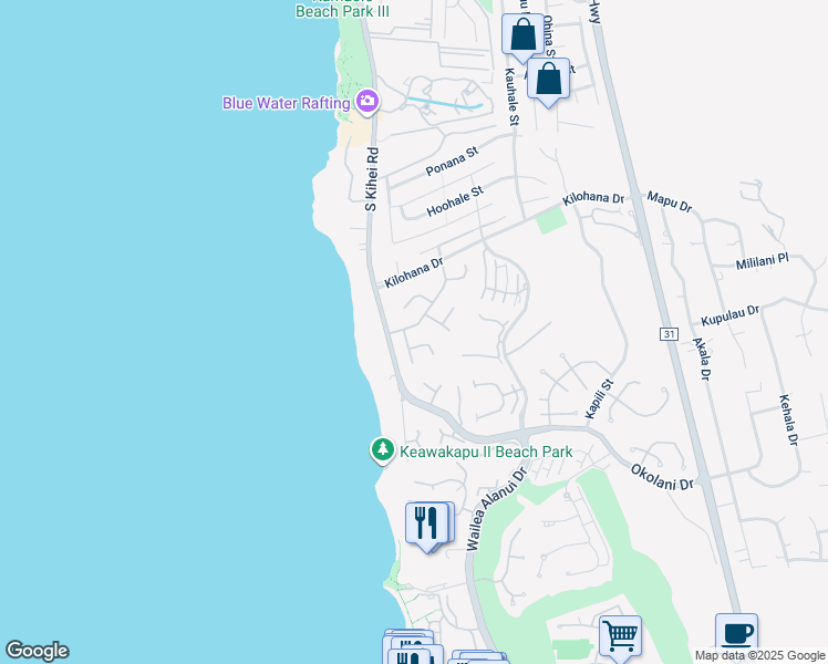 map of restaurants, bars, coffee shops, grocery stores, and more near 30 Waikai Street in Kihei