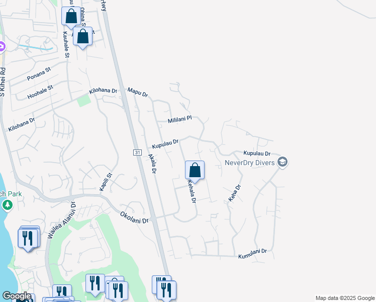 map of restaurants, bars, coffee shops, grocery stores, and more near 3255 Kehala Drive in Kihei