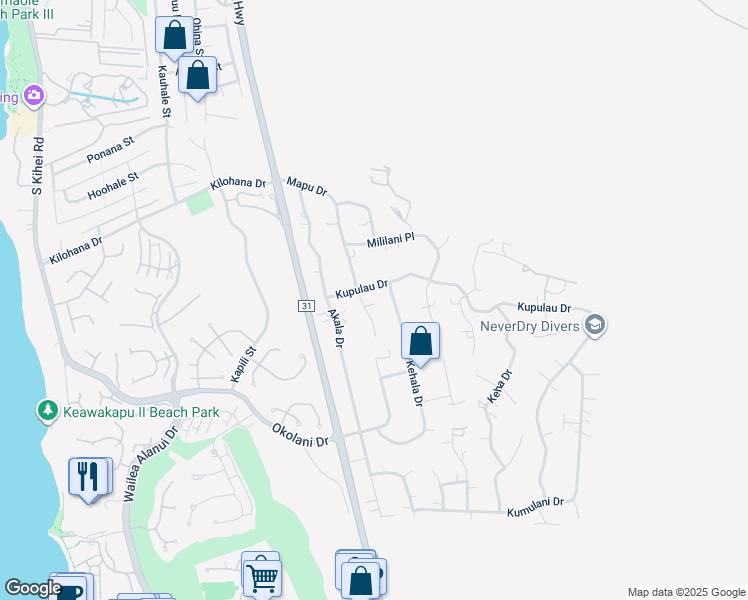 map of restaurants, bars, coffee shops, grocery stores, and more near 492 Kupulau Drive in Kihei